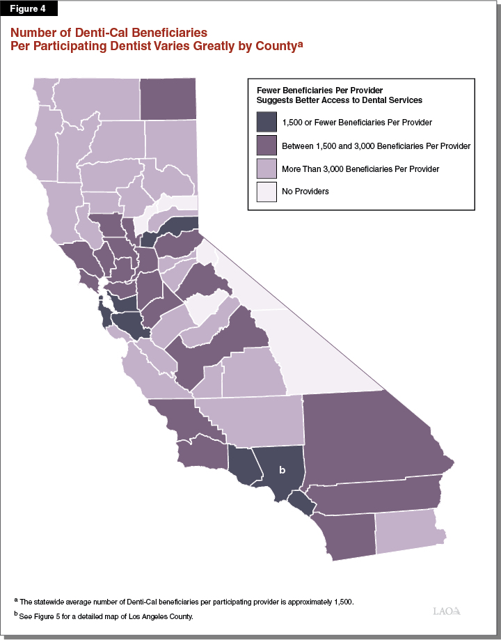 Figure 4 - Number of Denti-Cal Beneficiaries Per Participating Dentist Varies Greatly by County