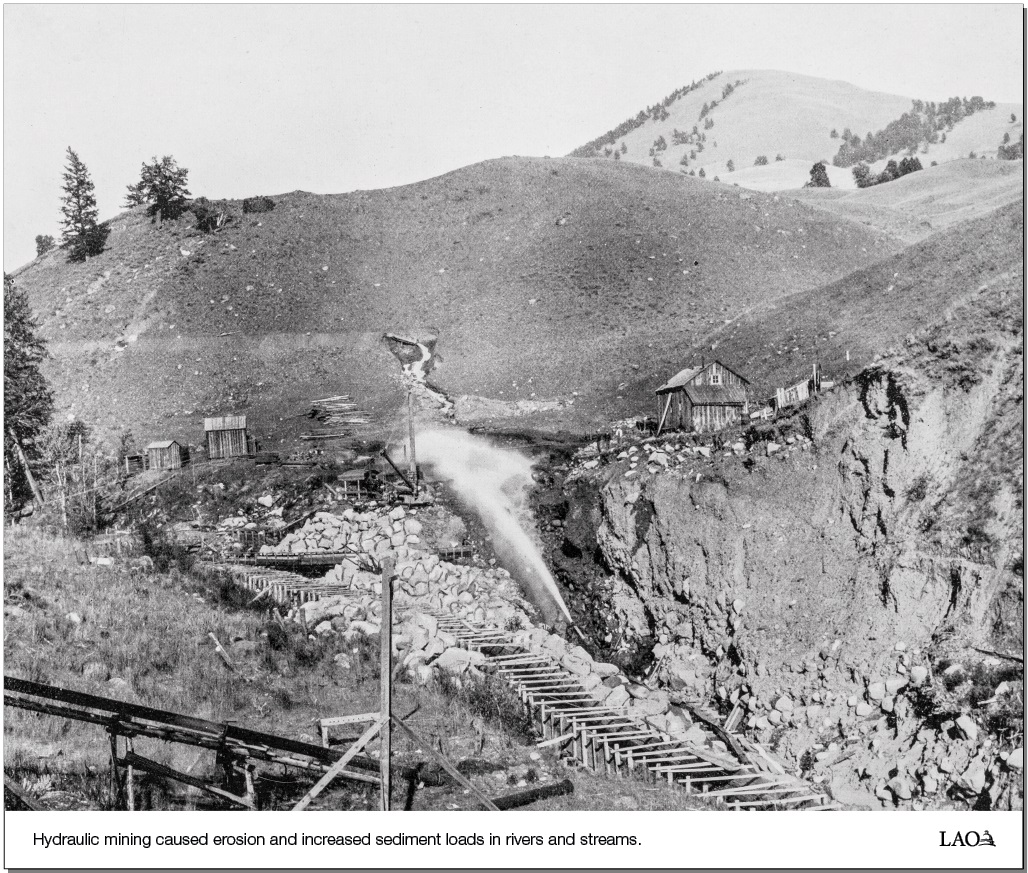 Hydraulic mining caused erosion and increased sediment loads in rivers and streams