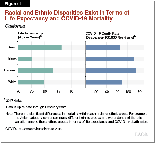 Figure 1 - Racial and Ethnic Disparities Exist in Terms of Life Expectancy and COVID-19 Mortality